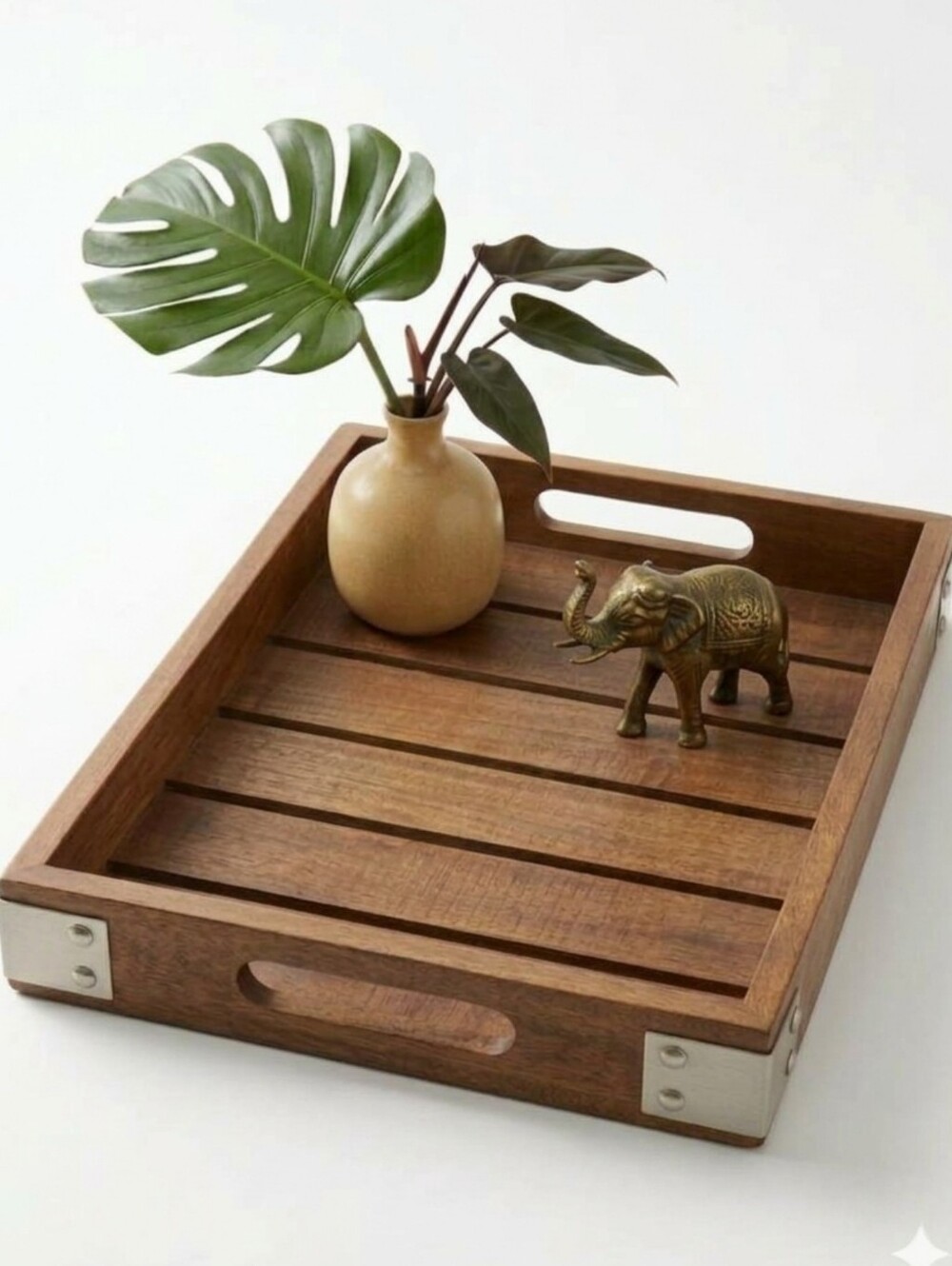 TOMMY BAHAMA Rustic Wood Serving Tray Coastal Ottoman Décor Metal Trim